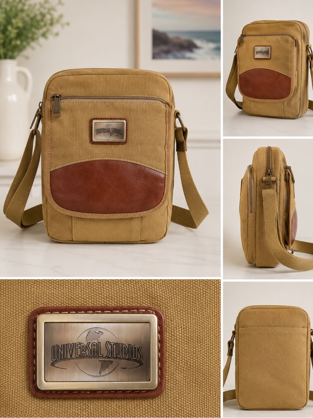 Universal Tan Canvas Messenger Bag with Brown Accent Plate